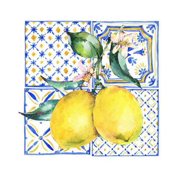 Blue and White Tile with 2 Lemons Swedish Dishcloth