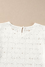 White Flower Eyelet Jacquard Keyhole Flounce Sleeve Top