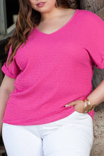 Bright Pink Plus Size Textured Folded Sleeve V Neck T Shirt