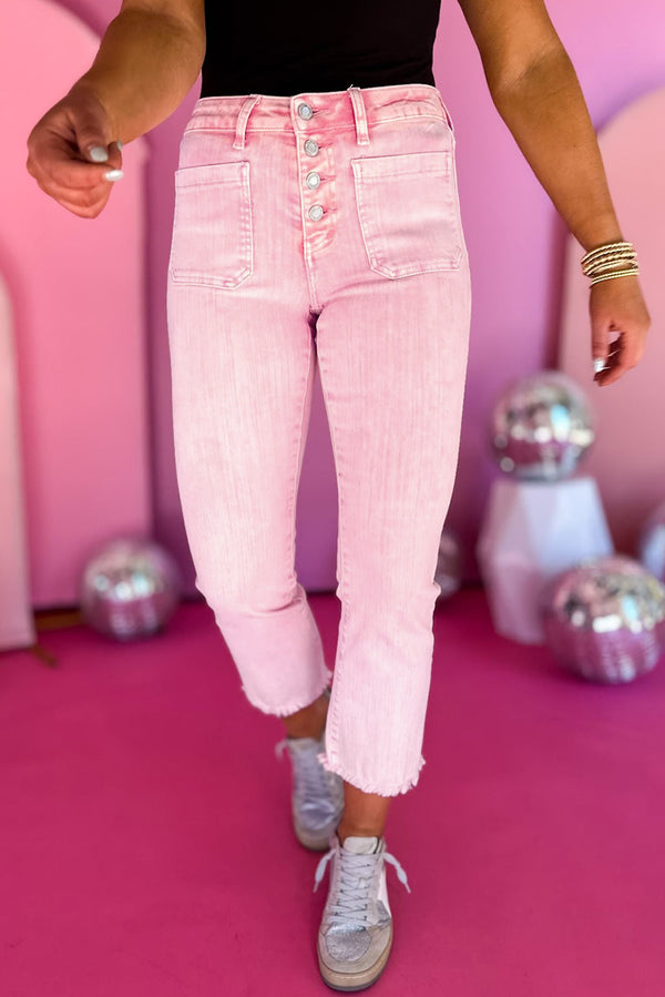 Pink Multi Buttons Raw Edge Crop Jeans