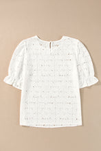 White Flower Eyelet Jacquard Keyhole Flounce Sleeve Top