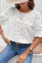 White Flower Eyelet Jacquard Keyhole Flounce Sleeve Top