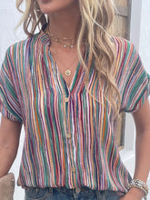 Striped Notched Short Sleeve Top