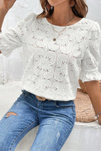 White Flower Eyelet Jacquard Keyhole Flounce Sleeve Top