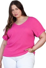 Bright Pink Plus Size Textured Folded Sleeve V Neck T Shirt