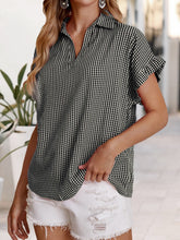 Plaid Notched Short Sleeve Blouse