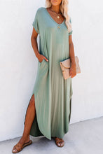 Grass Green V Neck Hidden Pocket Splits Maxi T-shirt Dress